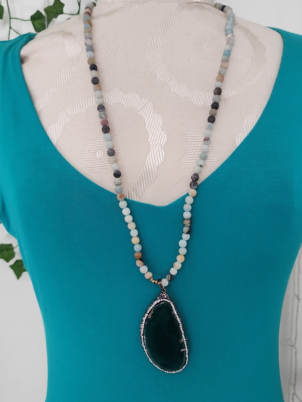 Beaded Amazonite Necklace with Green Agate Rhinestone Pendant